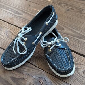 Sperry Navy Blue Woven Boat Shoes with White Laces 8